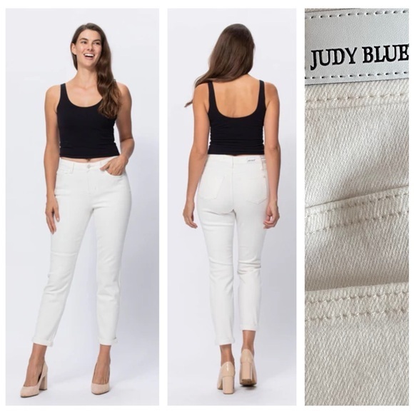 Judy Blue Denim - Judy Blue White Boyfriend Fit Kathleen High Rise Cuffed Jeans 26